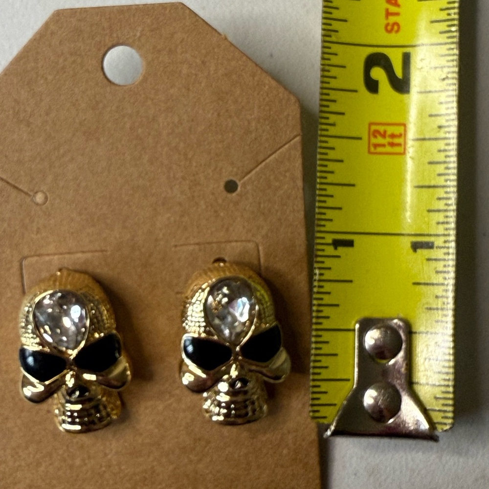 Gold and Black w/clear Rhinestone Skull Stud Earrings - Picture 5 of 5